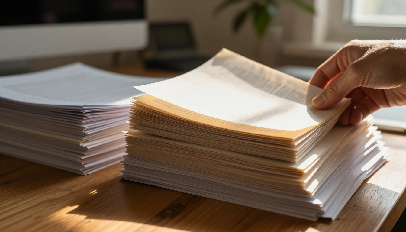 Hands carefully separating a page stack on a birchwood desk with warm amber afternoon light through translucent paper
