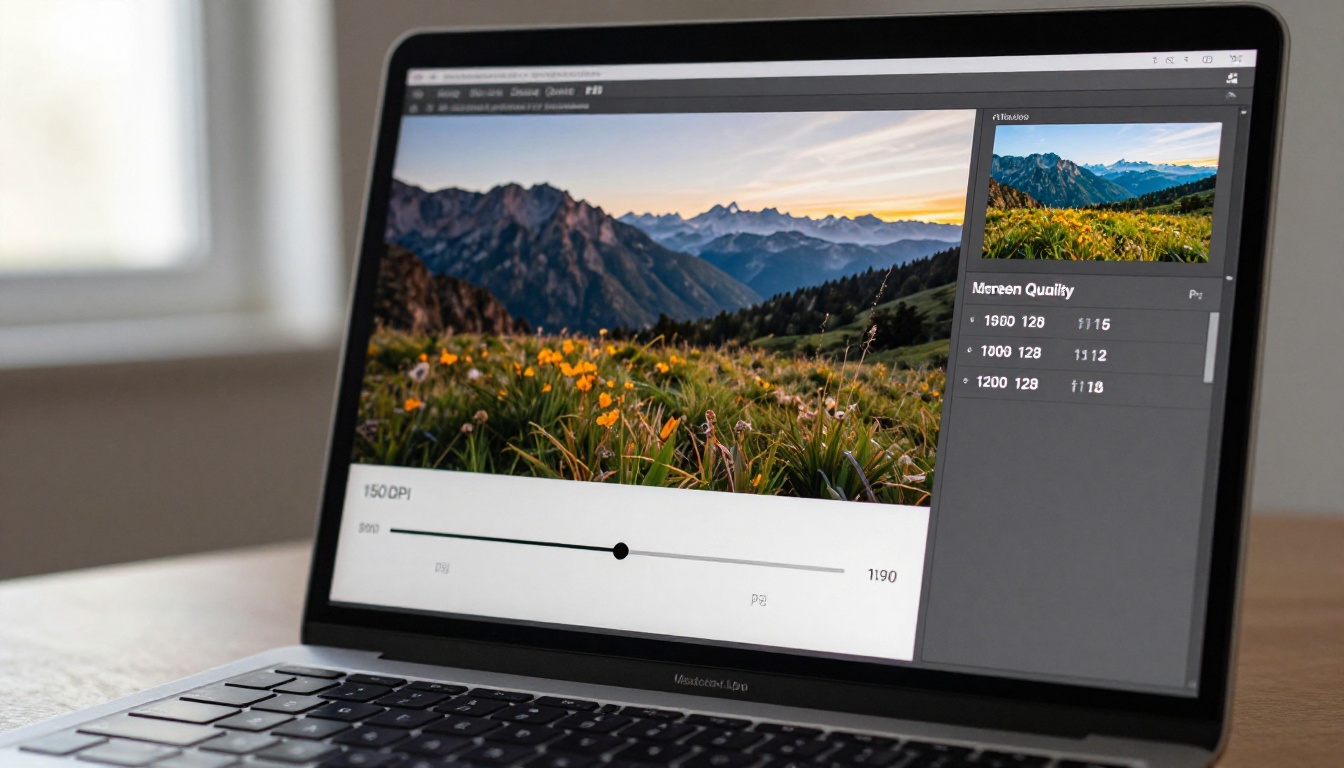 MacBook Pro screen showing image export DPI settings panel at 150 DPI with quality comparison thumbnails