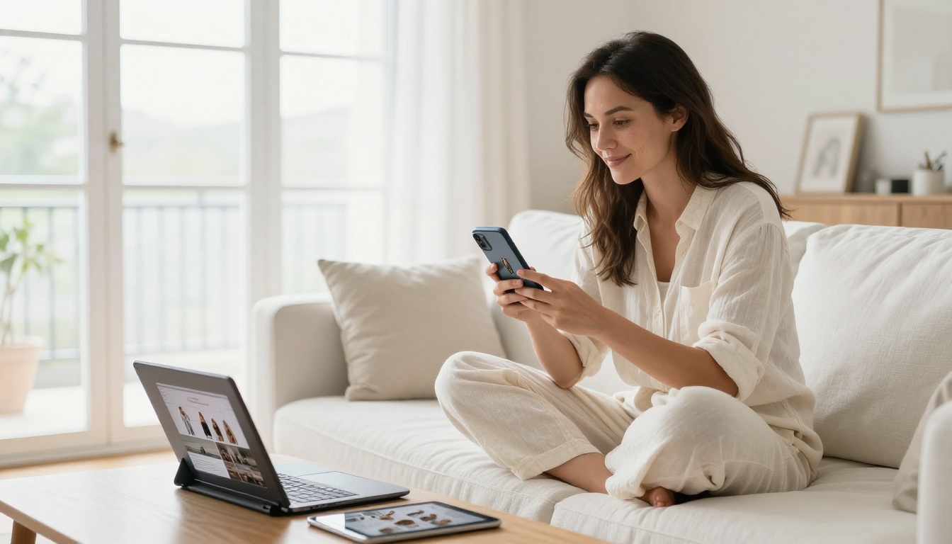 Woman relaxed on white linen sofa viewing digital flipbook on smartphone with laptop and iPad also showing same content
