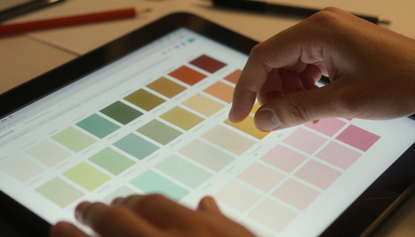 Close-up comparison of color swatches against digital screen showing color shift