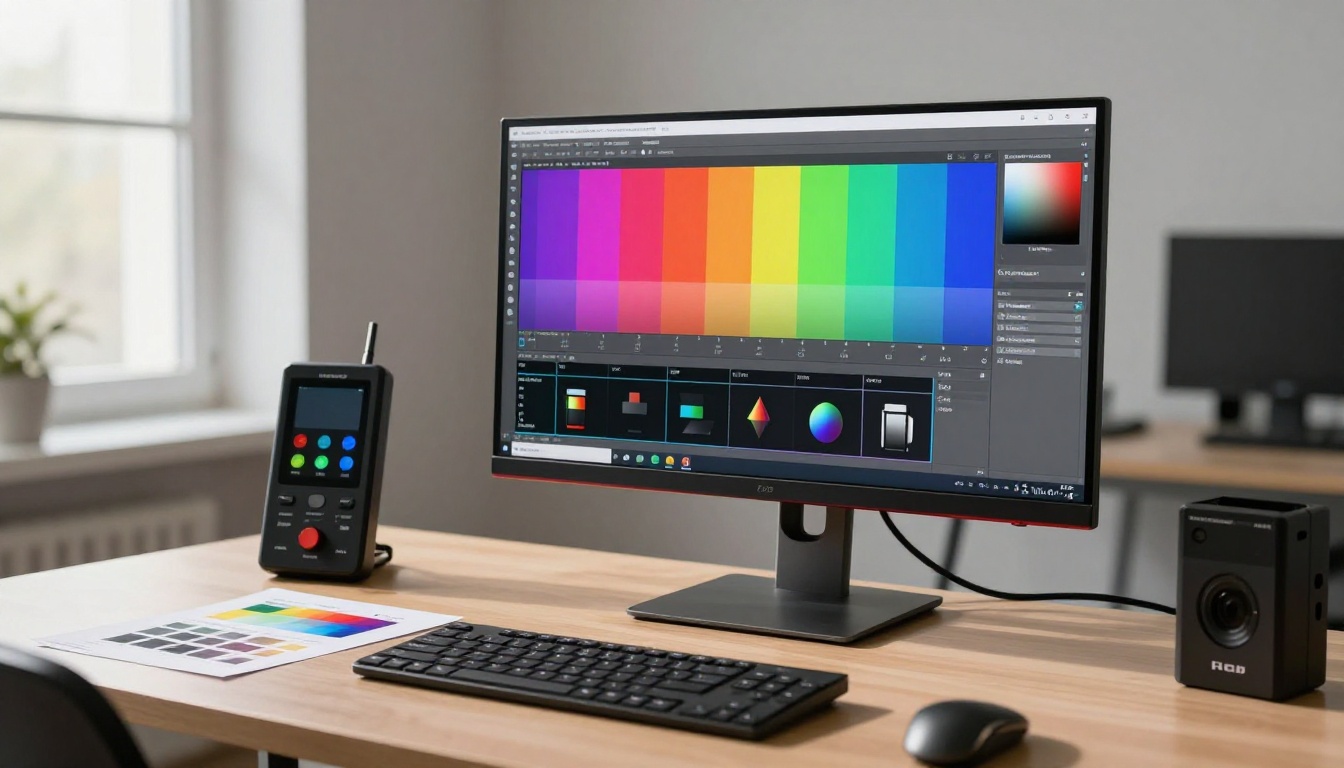 Professional color calibration device on monitor in design studio
