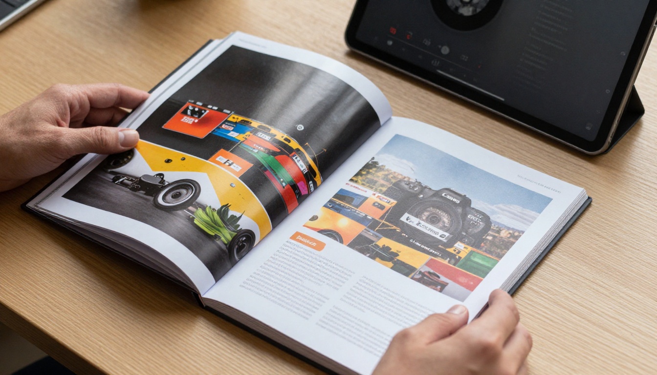 Aerial view comparing printed brochure against tablet showing digital flipbook