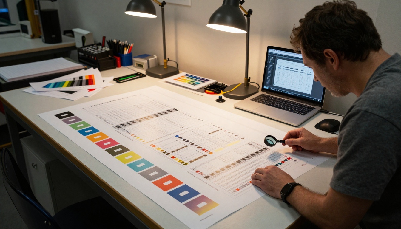 Print production studio with technician reviewing color proofs on light table