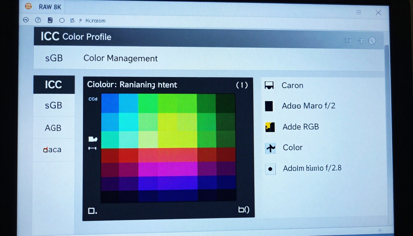 Close-up of computer screen showing ICC color profile settings panel