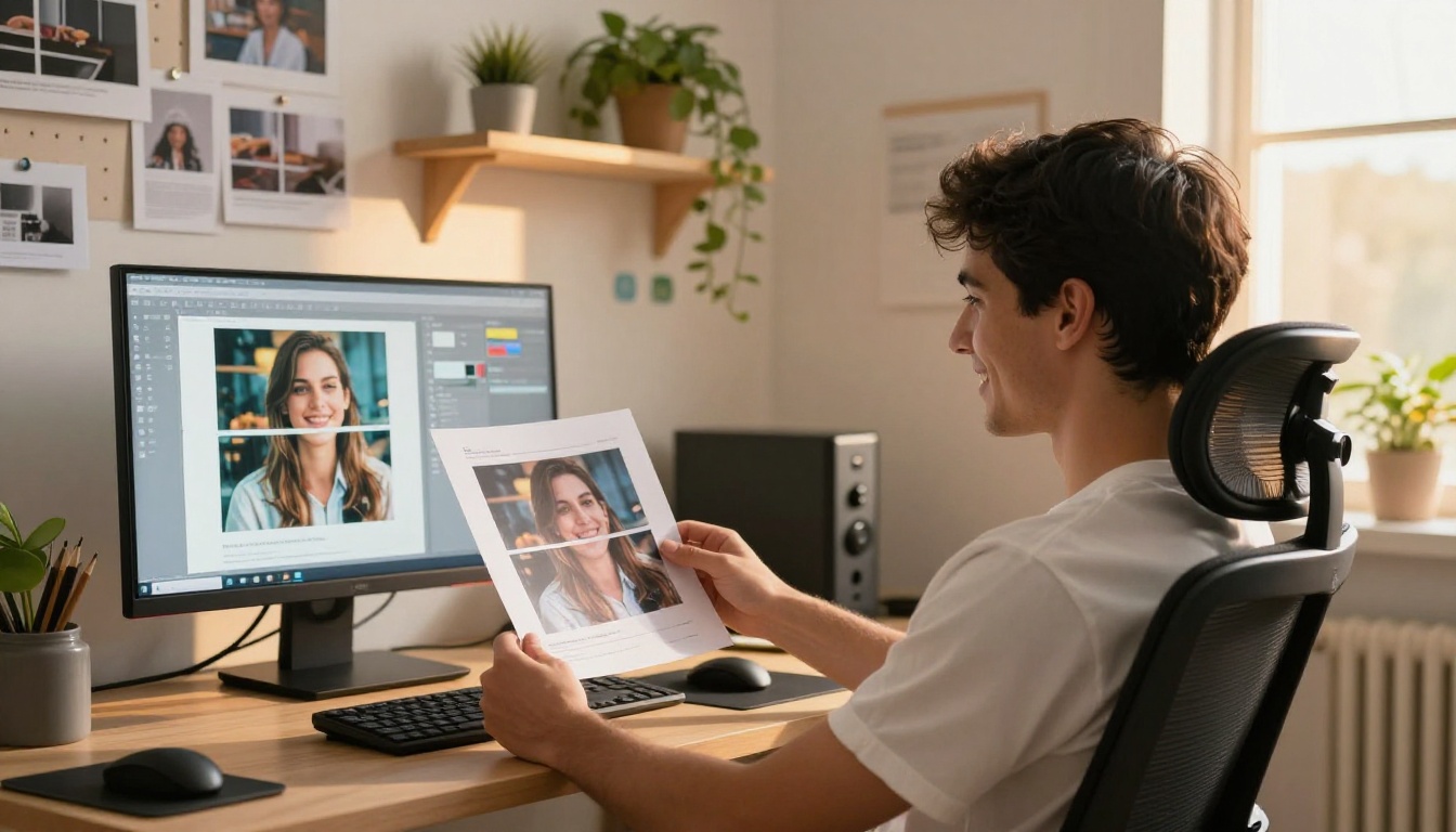 Satisfied designer reviewing color-matched flipbook on monitor