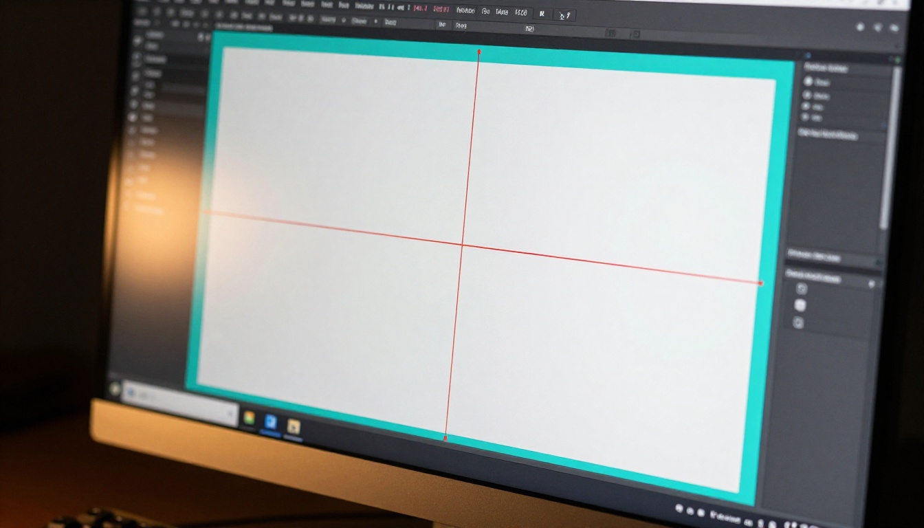 Close-up of design software showing teal margin guidelines and red bleed indicator lines on a document layout Close-up of design software showing teal margin guidelines and red bleed indicator lines on a document layout
