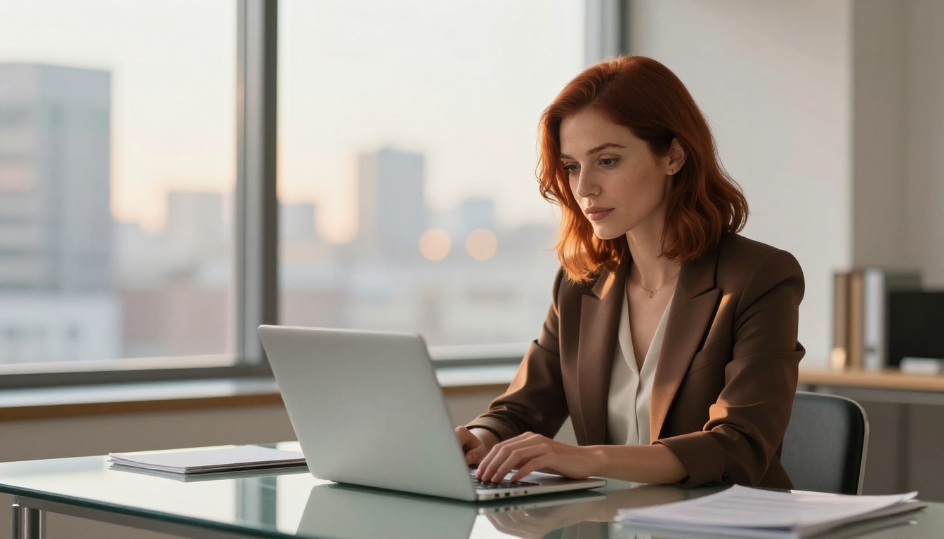 A professional woman reviewing a digital publication on a laptop in a bright modern minimalist office