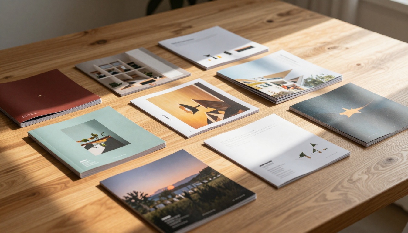 Overhead flat-lay of professionally printed catalogs and brochures with rich full-bleed designs arranged on a wooden table