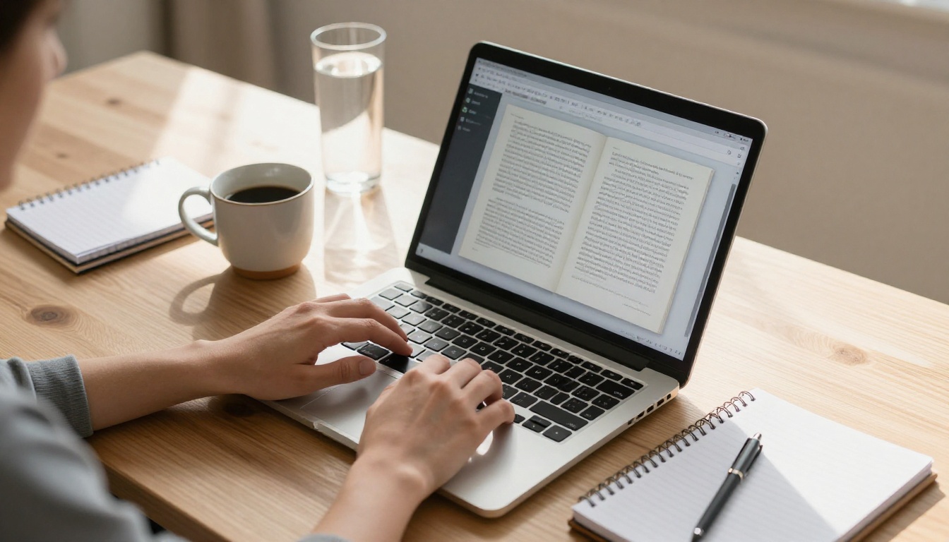 Designer's hands typing on a laptop with a digital flipbook platform interface visible on screen