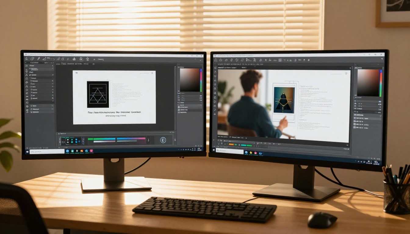 Dual-monitor creative studio showing a flipbook publishing platform and design software side by side