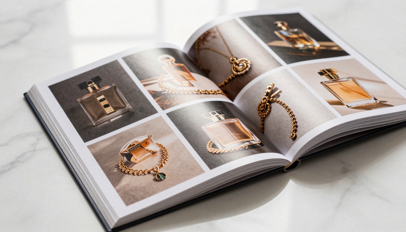 Crisp product catalog flipbook standing on a marble surface