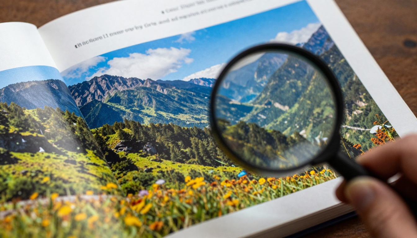 Extreme close-up of a flipbook page with a magnifying glass revealing sharp detail