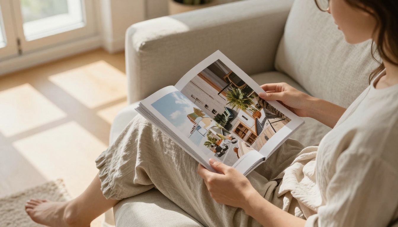 Young woman reading a crisp flipbook on a linen sofa in natural light