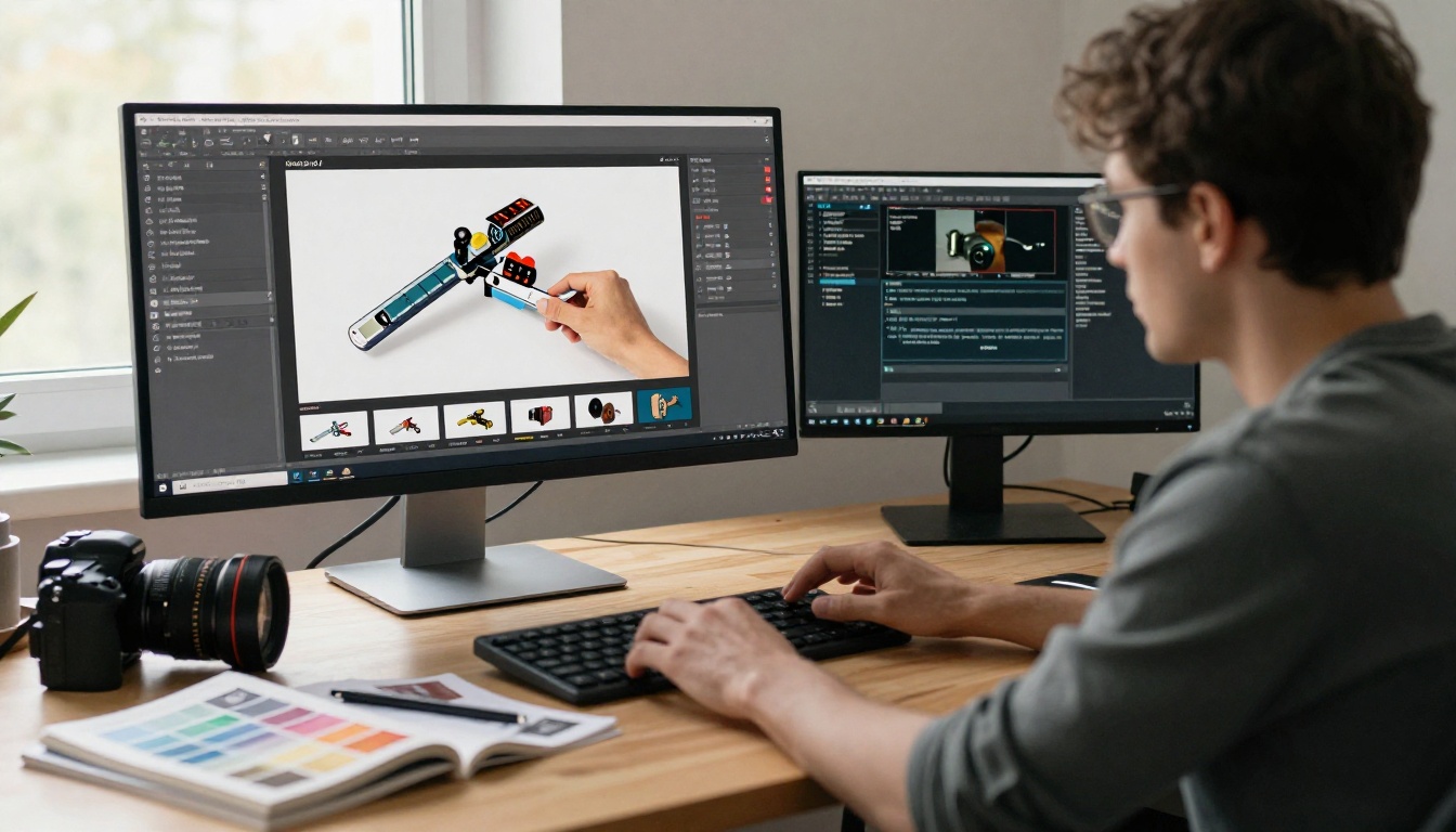 Creative studio workstation with dual monitors showing a flipbook design workflow Creative studio workstation with dual monitors showing a flipbook design workflow
