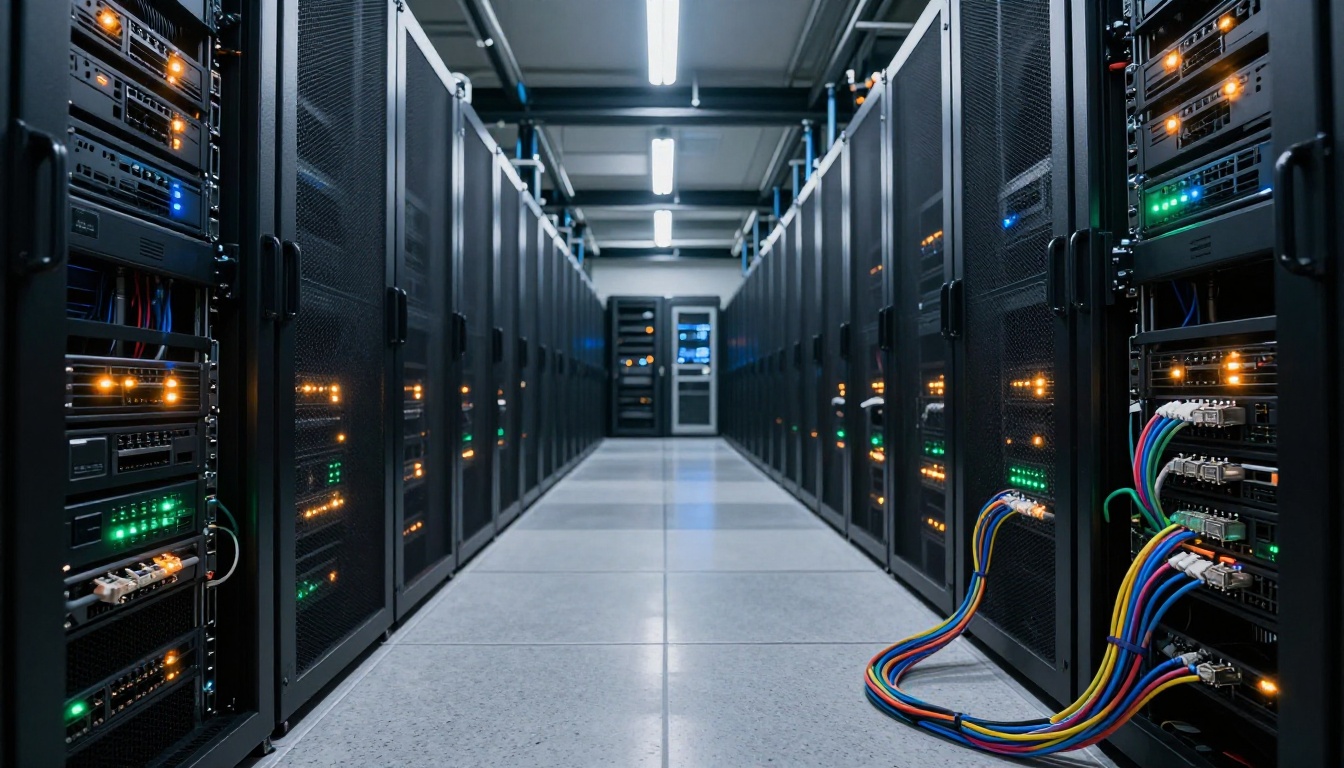 Enterprise server room with rows of illuminated server racks