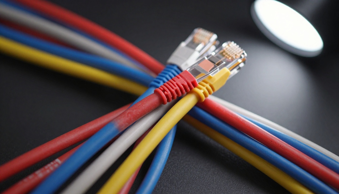 Macro close-up of network cables coiled together