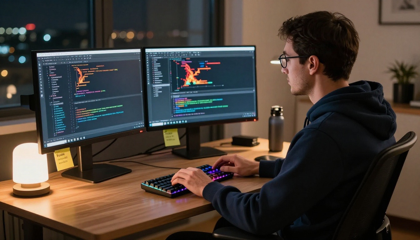 Web developer analyzing performance metrics on dual monitors