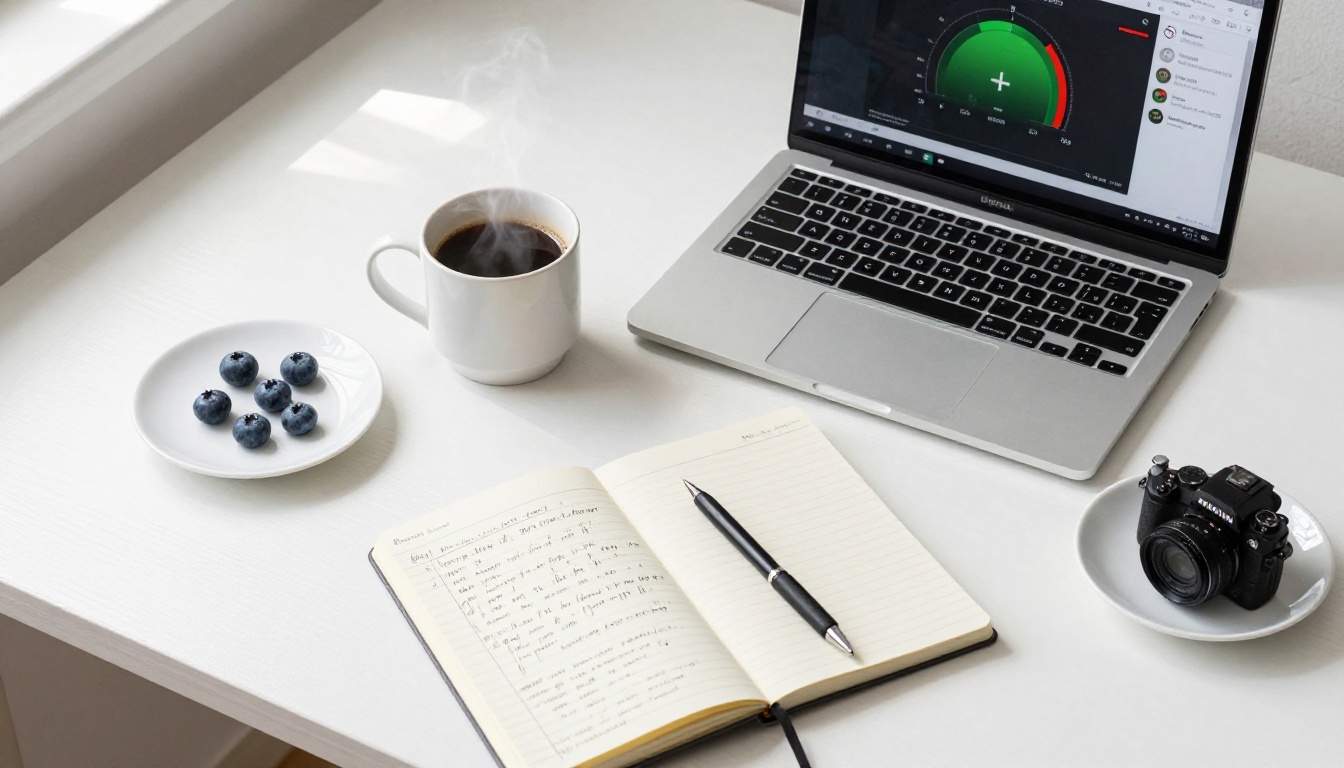 Flat-lay of laptop showing performance score with coffee and notebook Flat-lay of laptop showing performance score with coffee and notebook