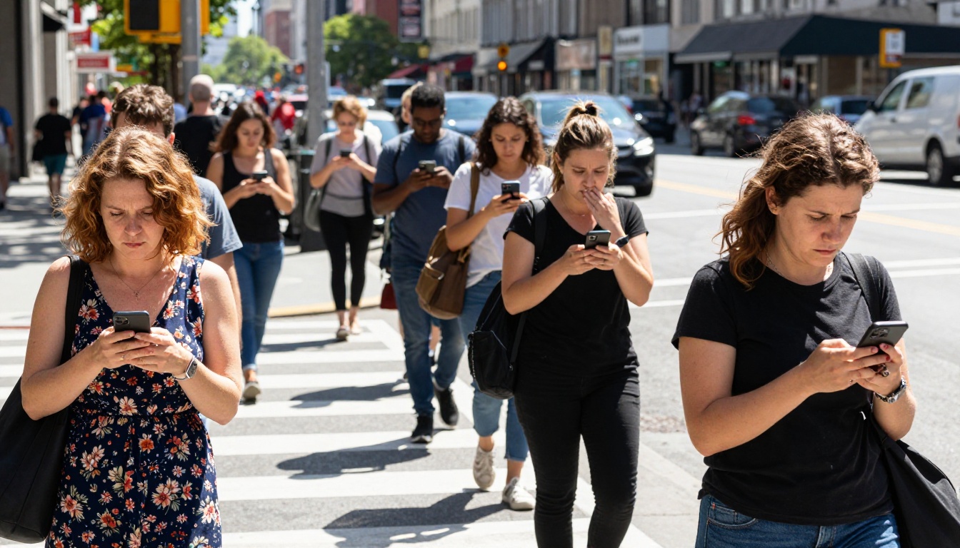Street scene of commuters looking at smartphones waiting for pages to load Street scene of commuters looking at smartphones waiting for pages to load