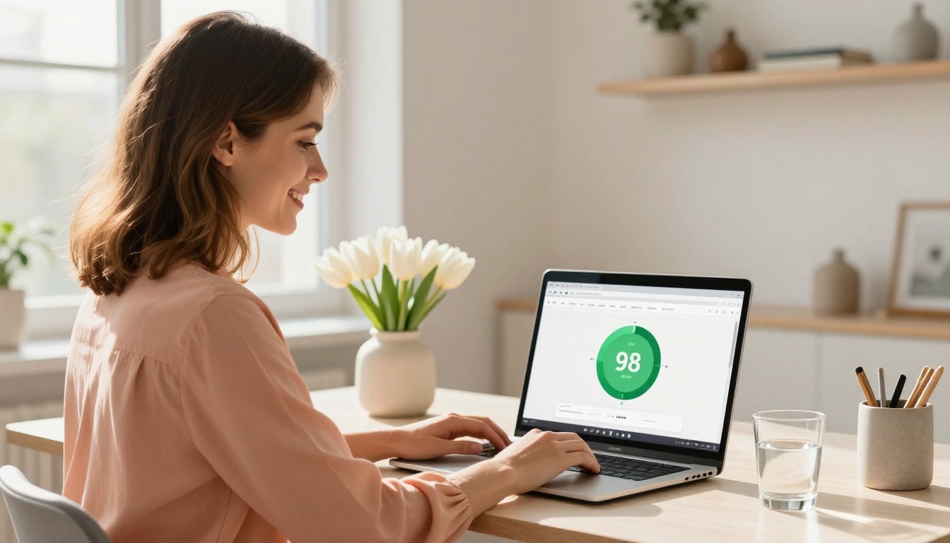 Happy woman at Scandinavian desk looking at fast-loading website with visible satisfaction Happy woman at Scandinavian desk looking at fast-loading website with visible satisfaction