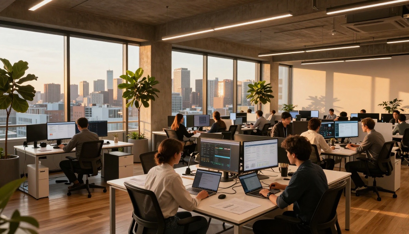 Modern open-plan tech office at golden hour with team members collaborating at workstations Modern open-plan tech office at golden hour with team members collaborating at workstations