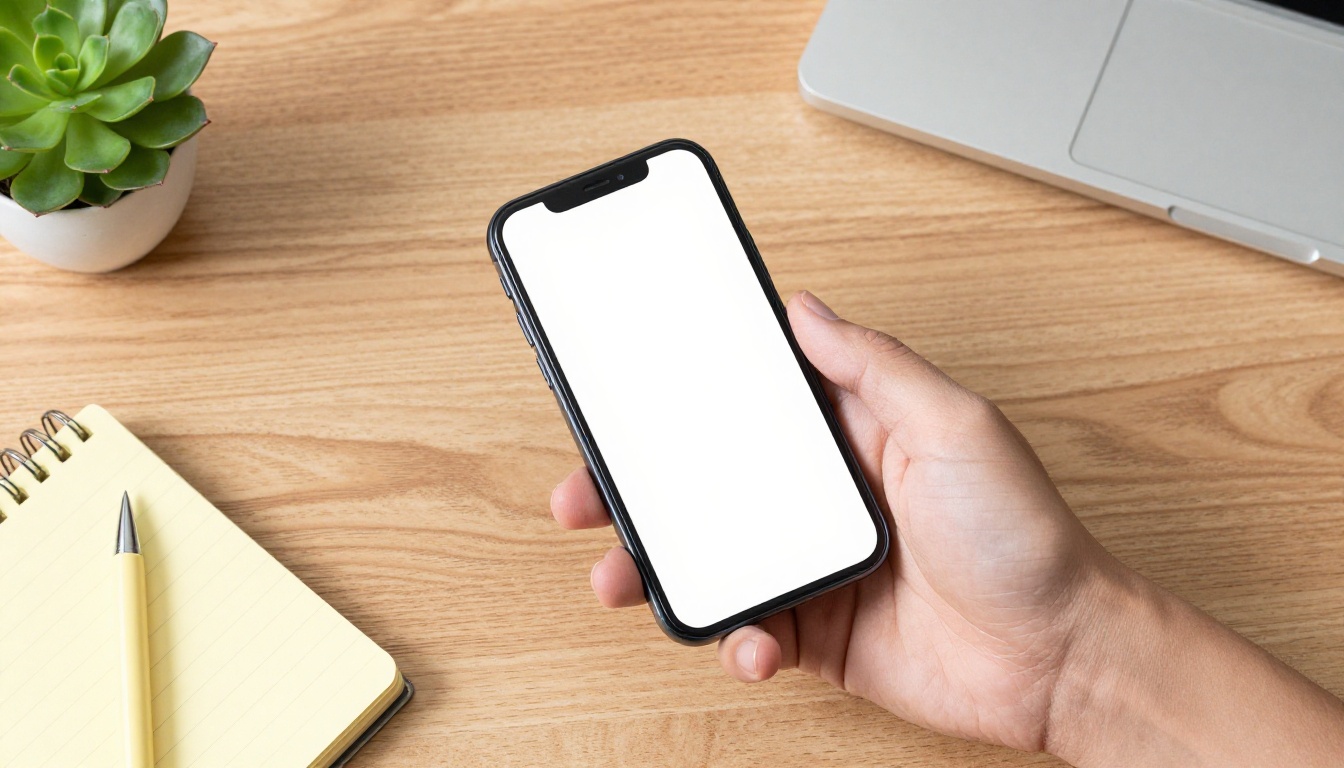 Aerial overhead view of a desk with a smartphone showing a blank screen