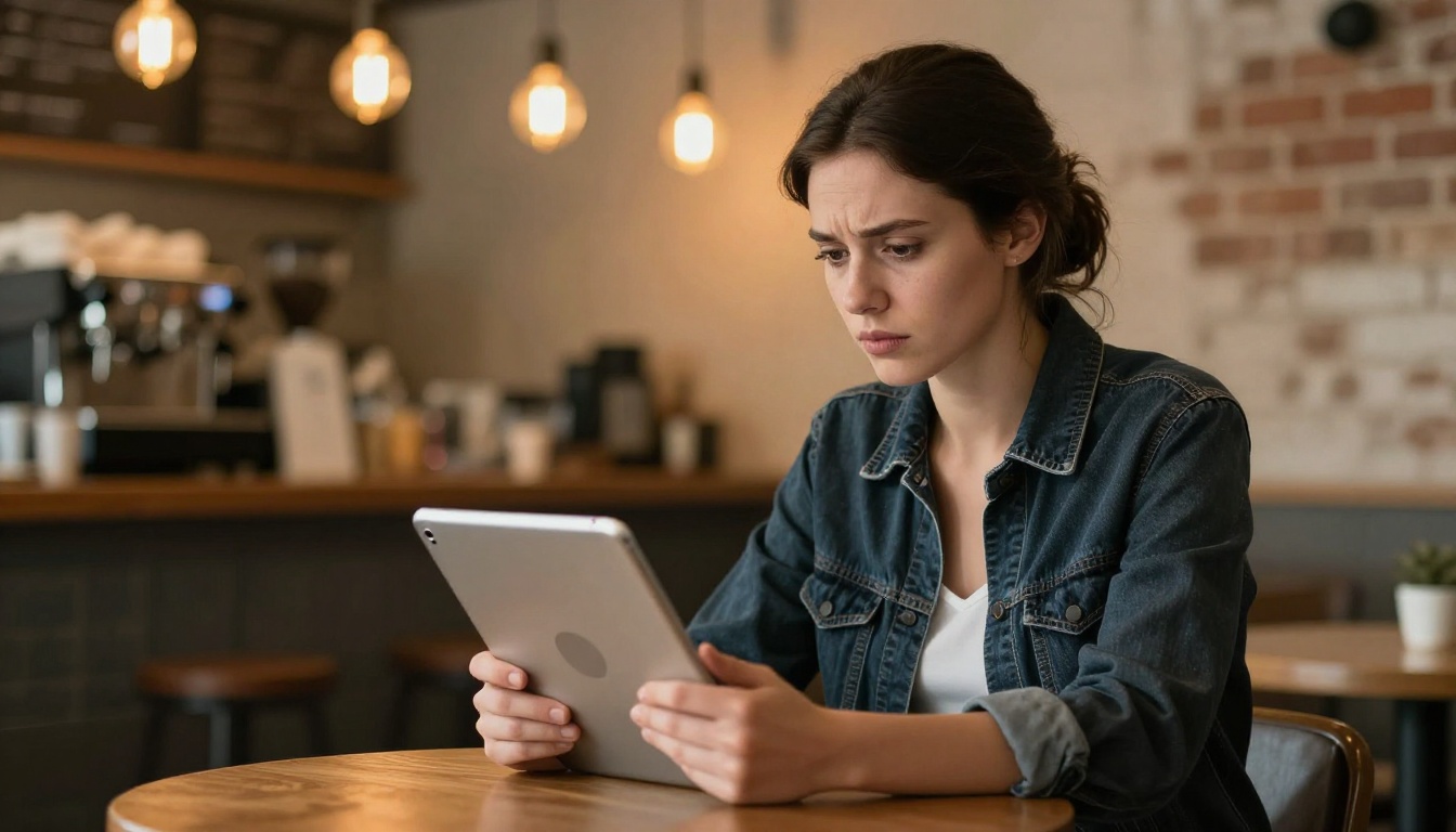 Woman at a cafe holding a tablet showing a loading error on screen