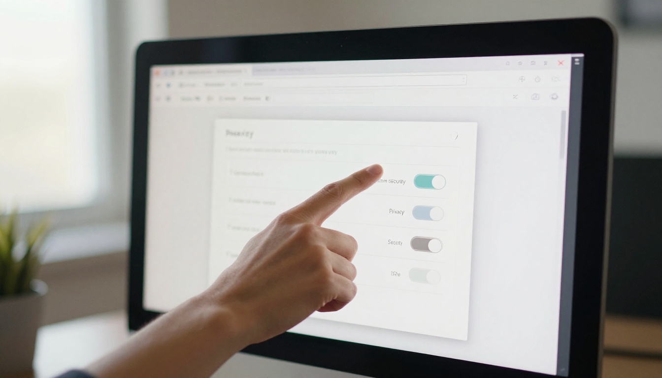 Browser privacy settings panel with toggle switches, finger pointing at screen