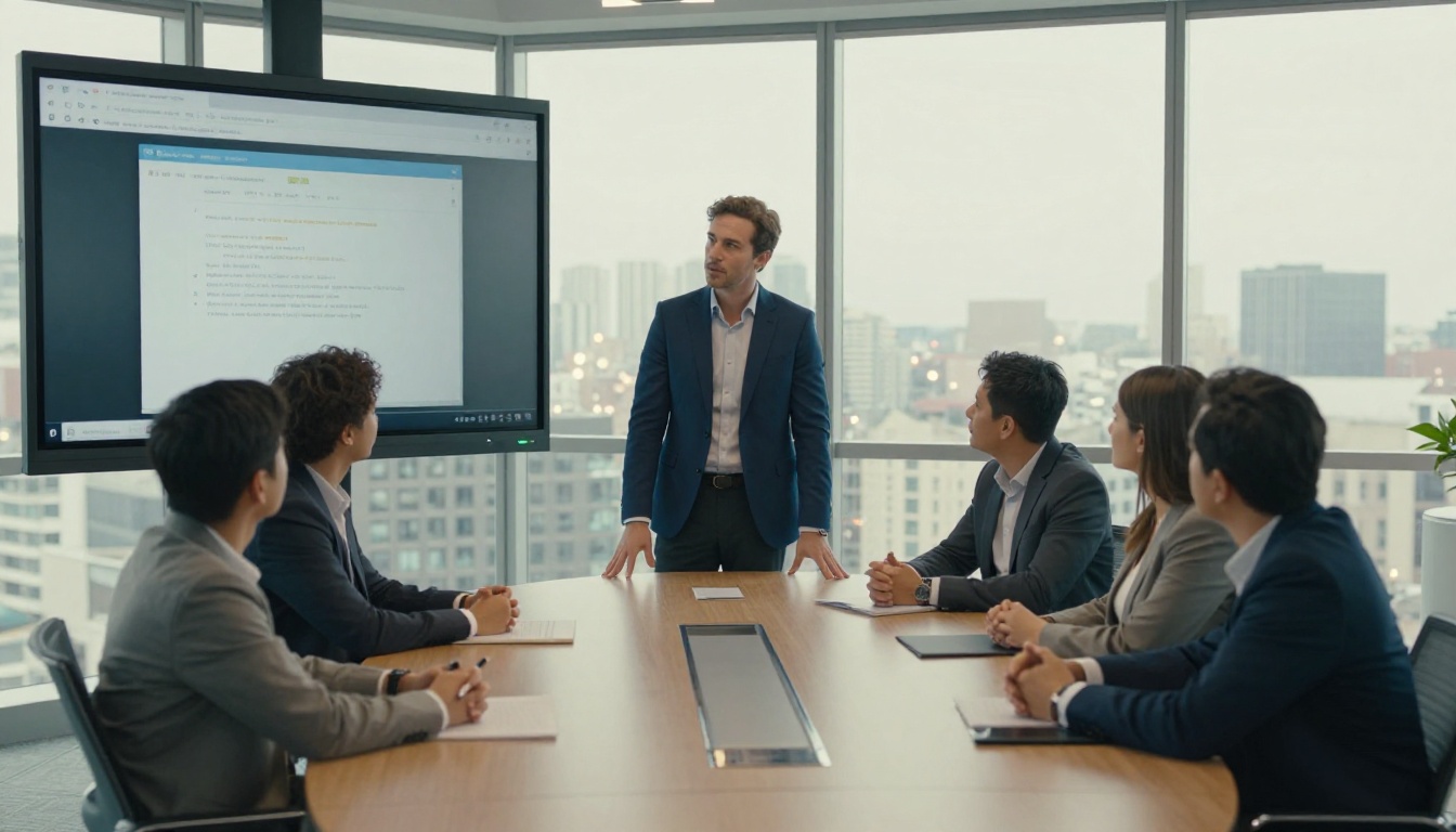 Man presenting at a conference table as a browser error appears on the wall screen