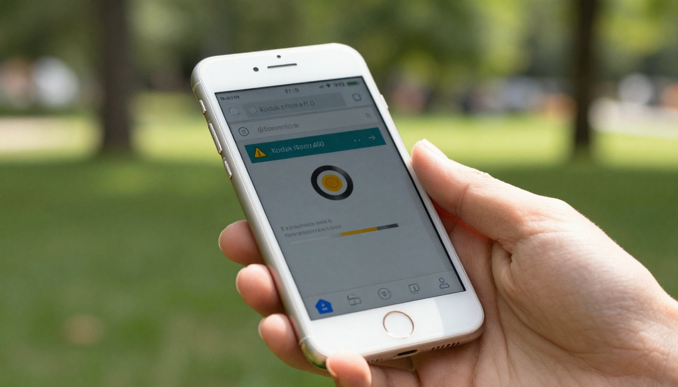 Hand holding a smartphone outdoors showing a mobile loading error page