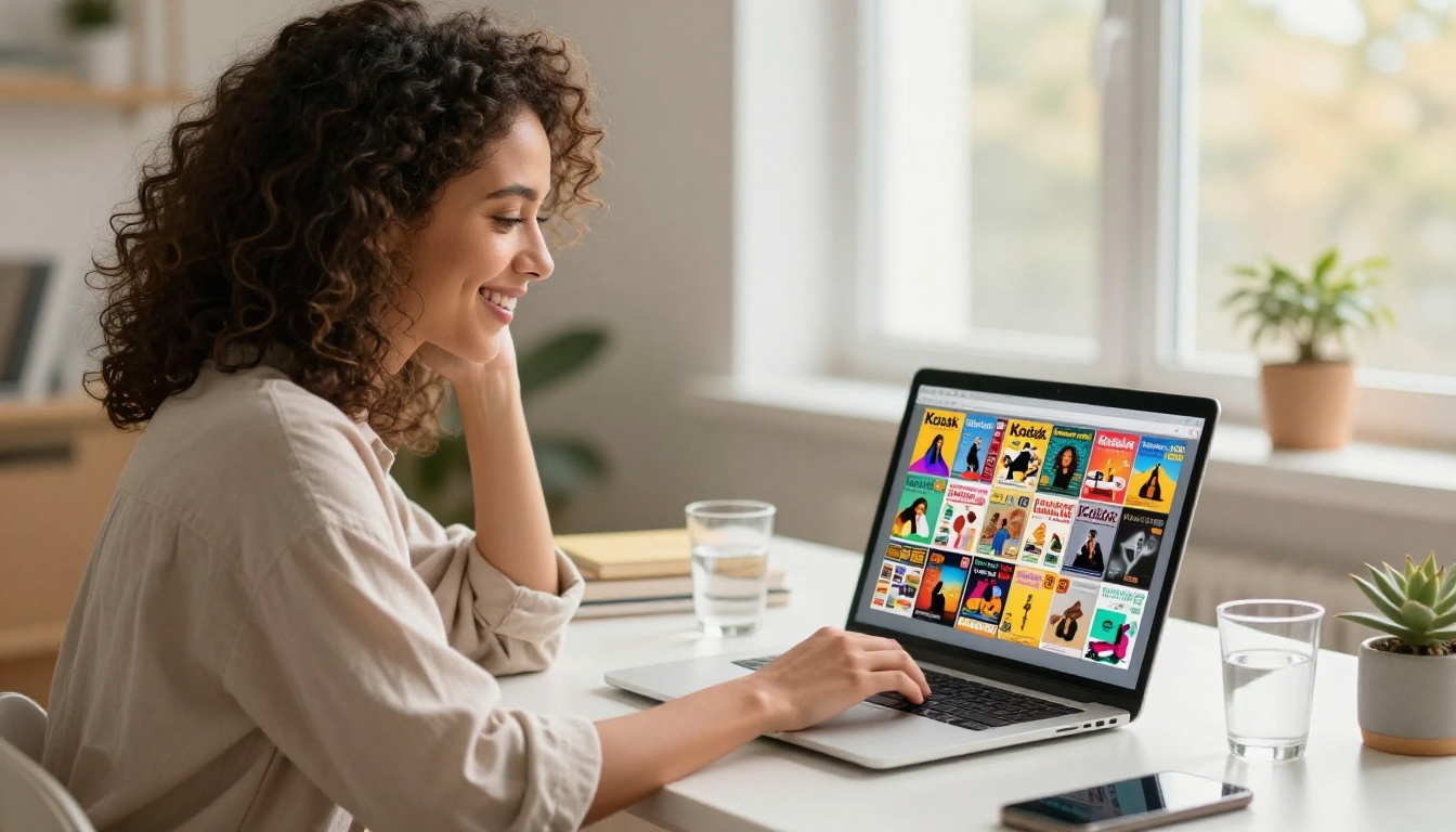 Woman smiling at her laptop displaying a colorful digital flipbook with turning pages