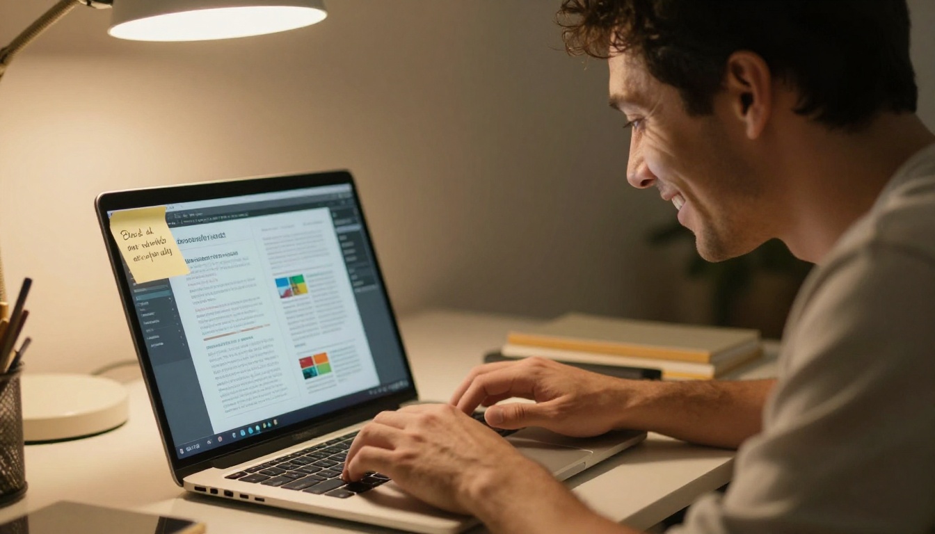 Man at a desk with a relieved expression looking at a successfully loaded digital flipbook