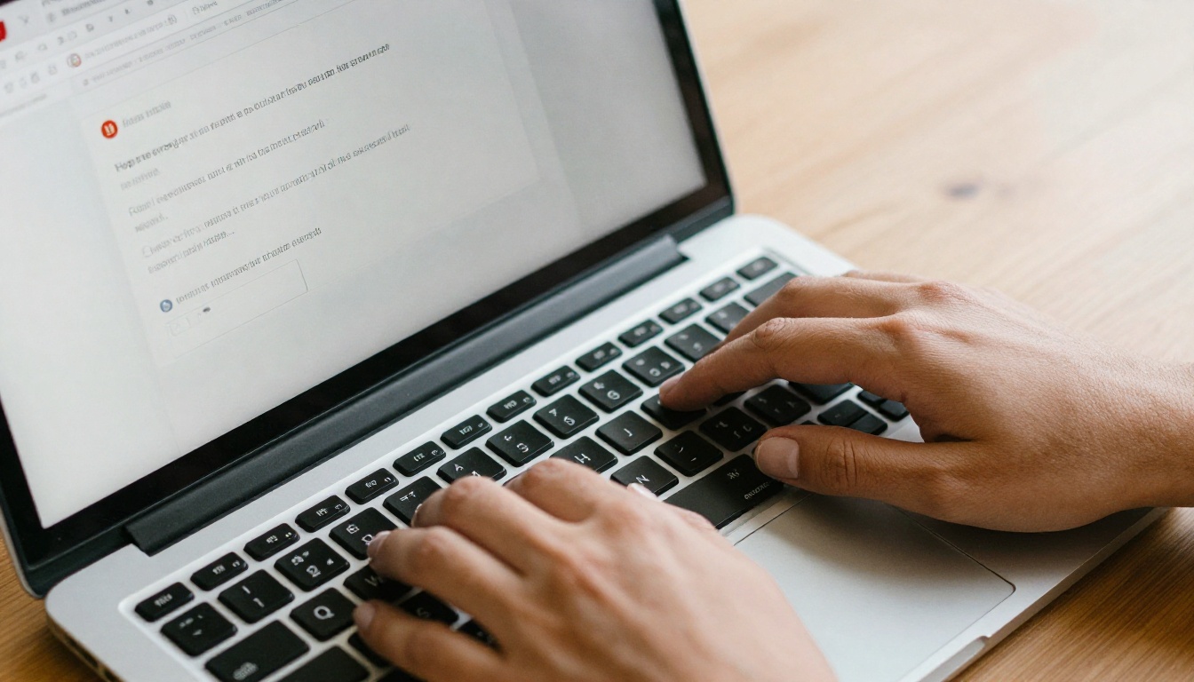 Person typing on a laptop composing an email with a flipbook link pasted in the body