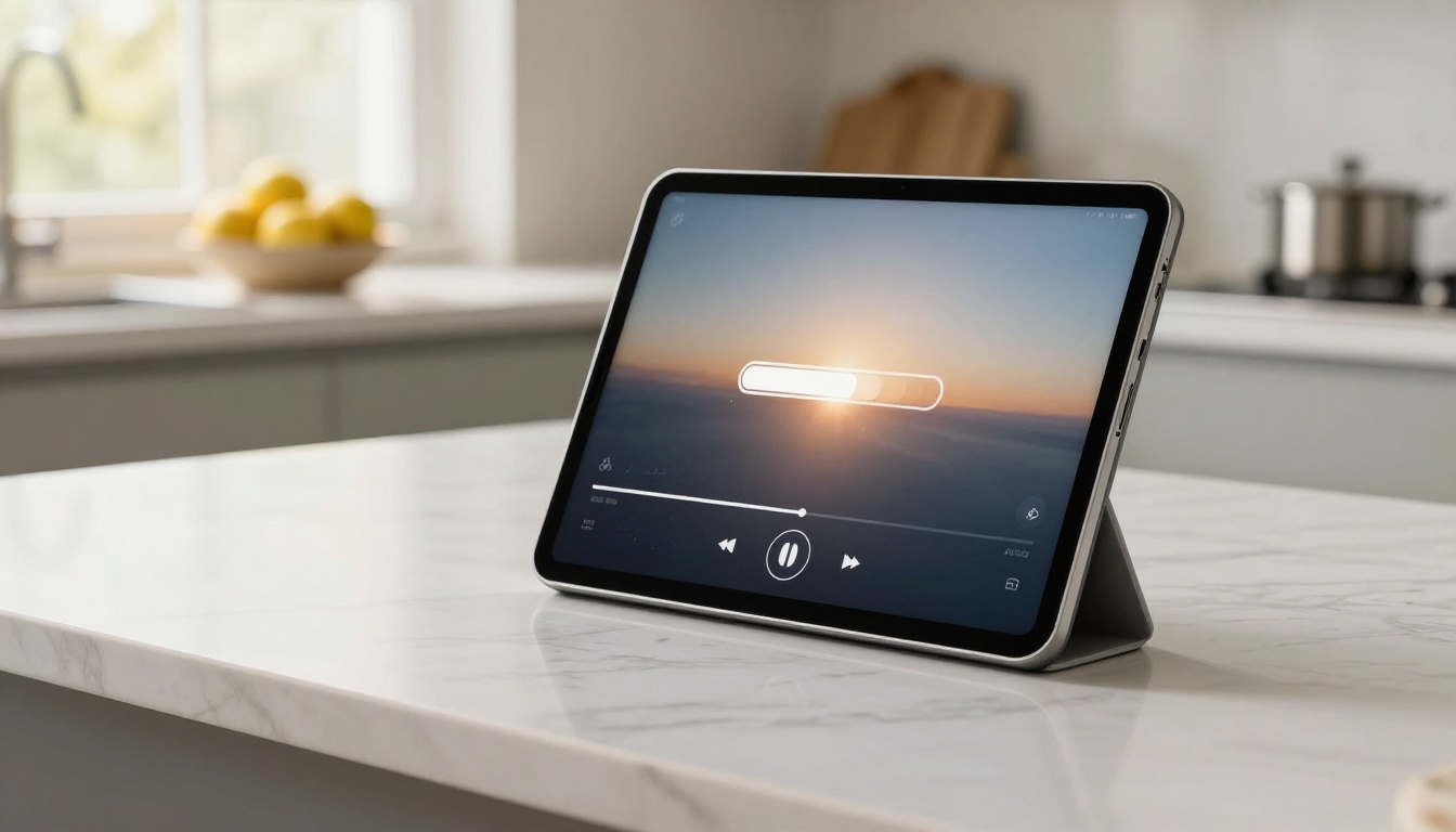 Tablet in kitchen showing flipbook with buffering video player on screen