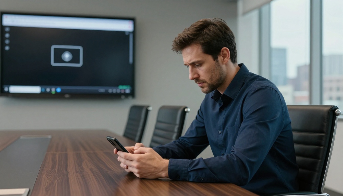 Professional man at a conference table checking his phone while a flipbook error shows on the presentation screen