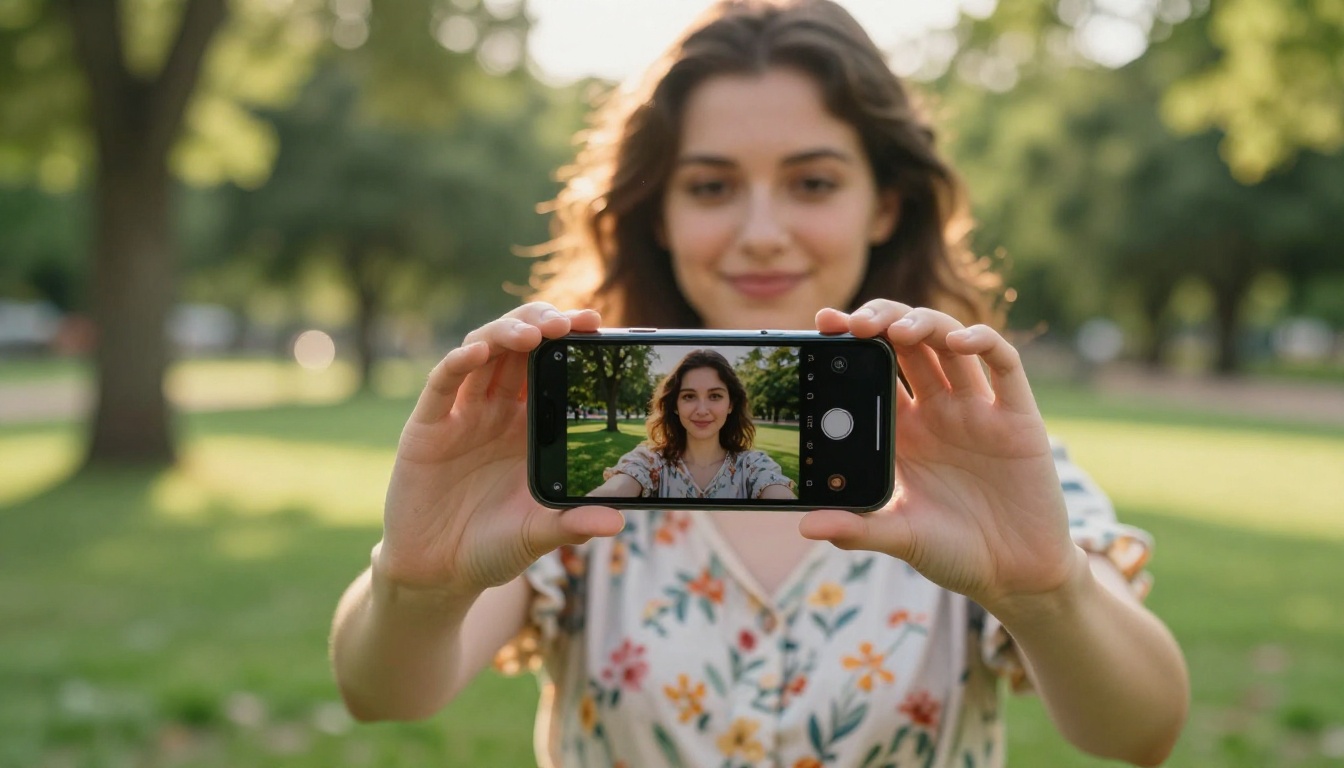 Woman in park holding smartphone horizontally showing a flipbook with video playing smoothly