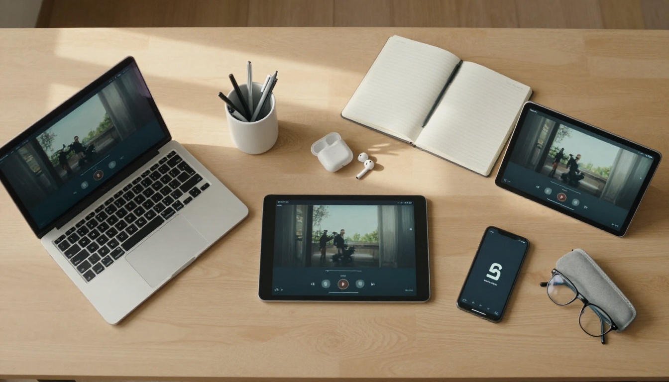 Aerial overhead shot of laptop, tablet, and smartphone all showing the same flipbook at different video states