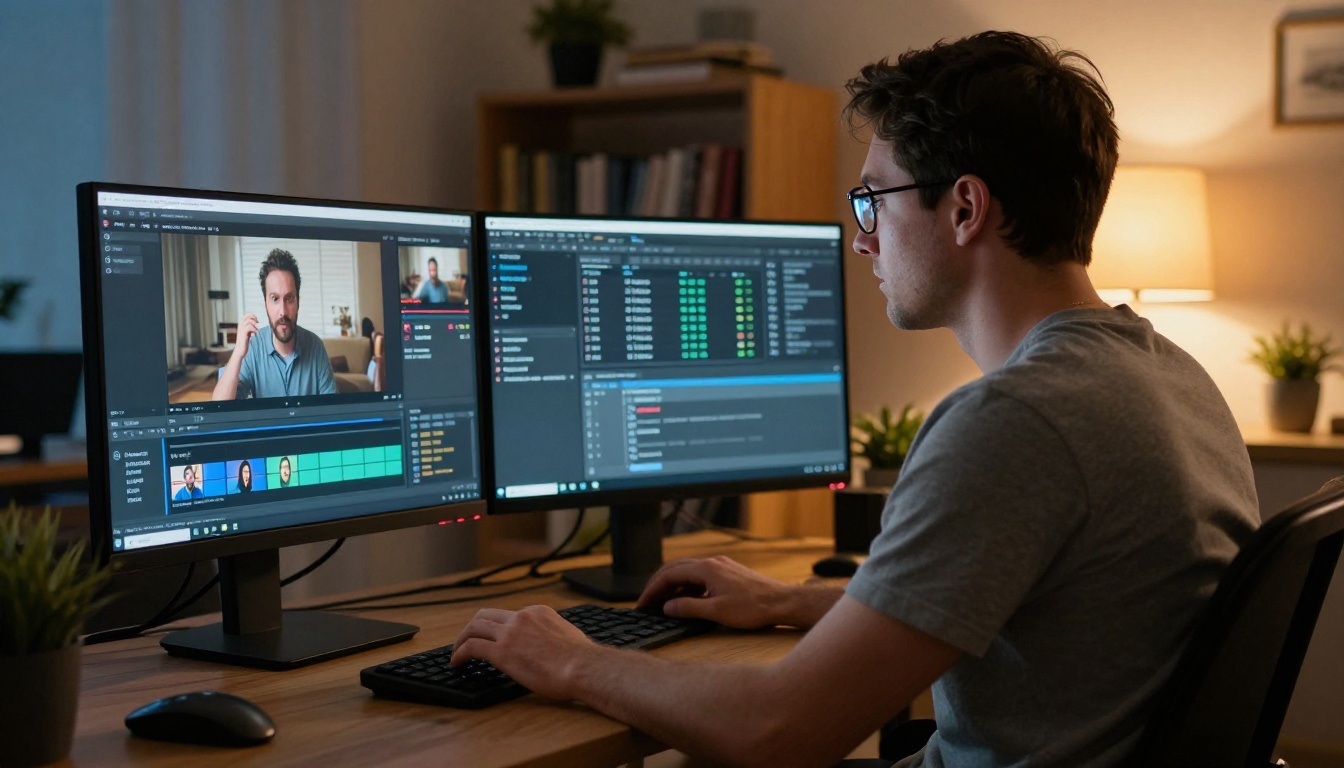 Man at a dual-monitor desktop setup comparing video codec specifications on screen