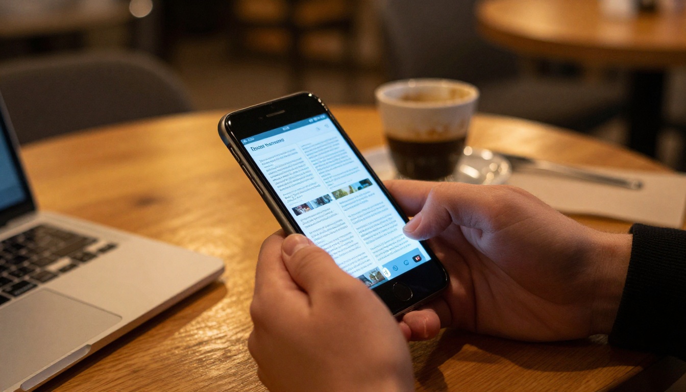 Person at cafe holding smartphone with broken flipbook while a laptop sits nearby