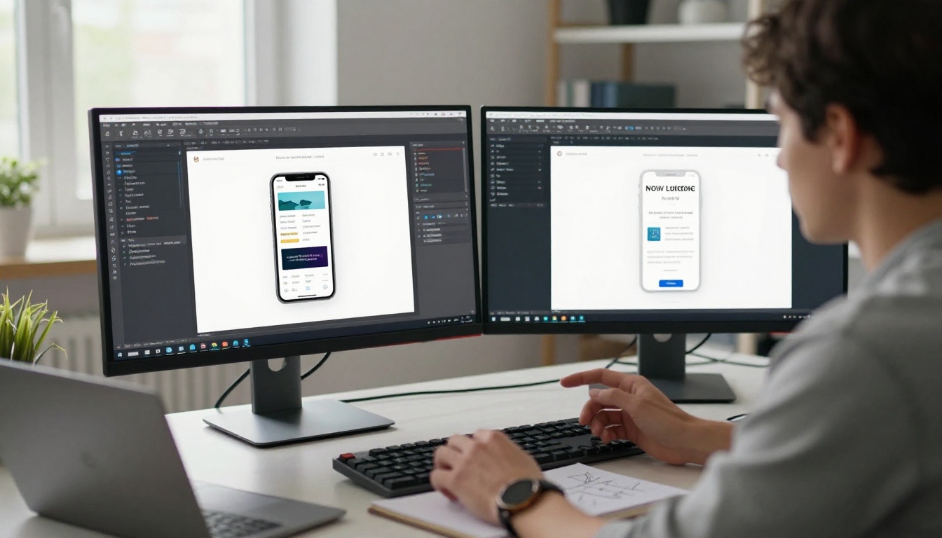 Web developer at dual monitor setup testing mobile flipbook layout in browser DevTools