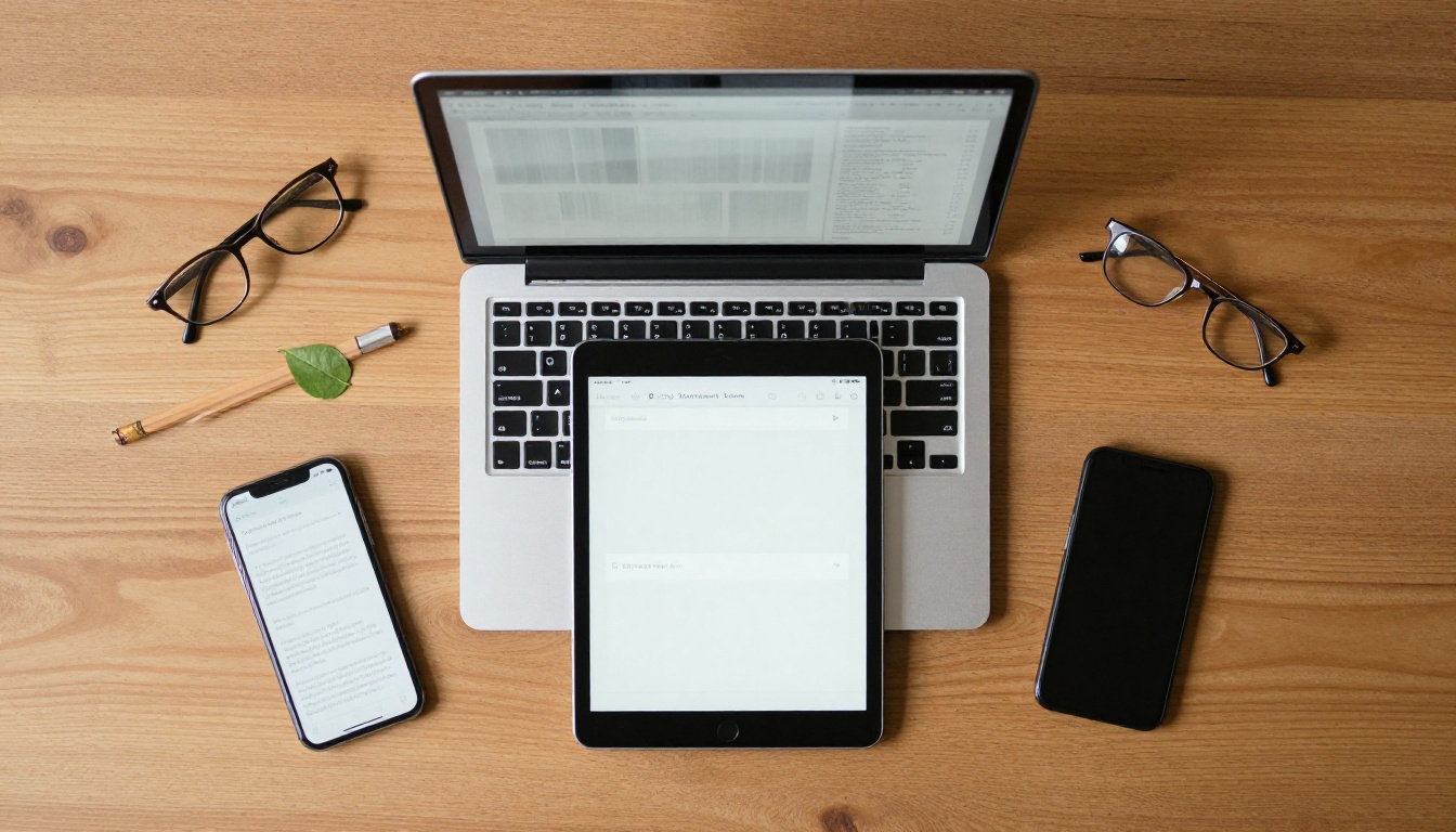 Flat-lay aerial view of laptop, tablet, and phone on wooden table each showing flipbook