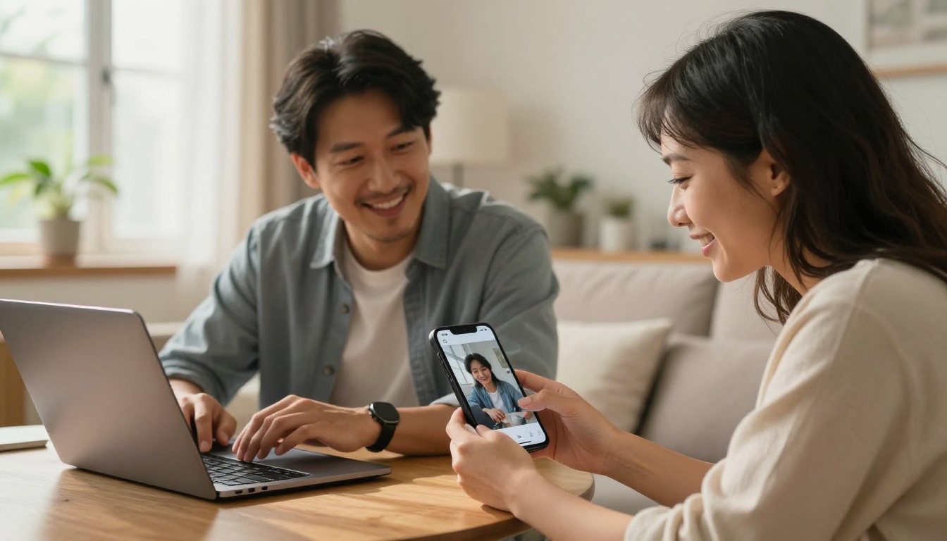 Man and woman sitting together in a living room, both holding devices showing flipbook content correctly