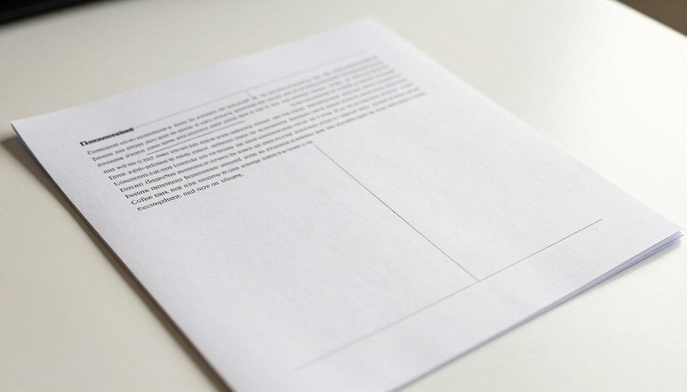 Printed PDF document showing blank and content pages alternating on a clean desk