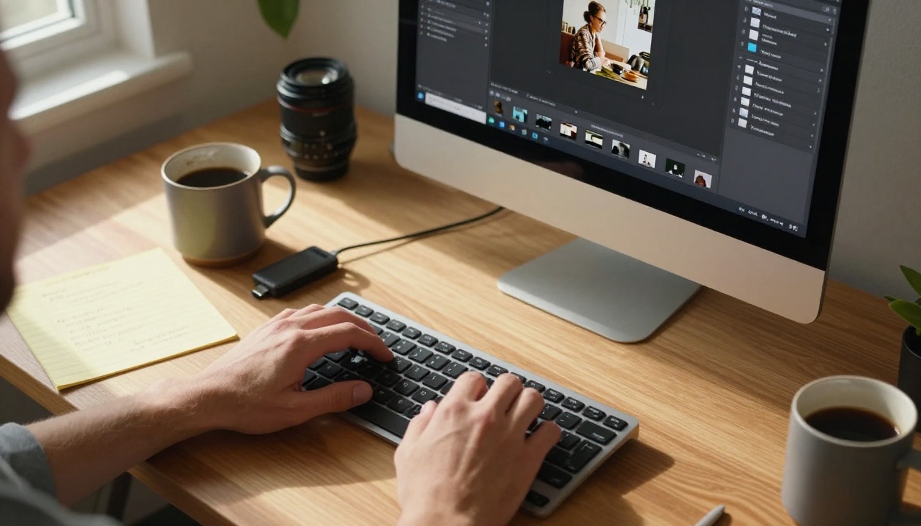 Aerial view of a graphic designer at iMac with PDF editor and layer panels visible