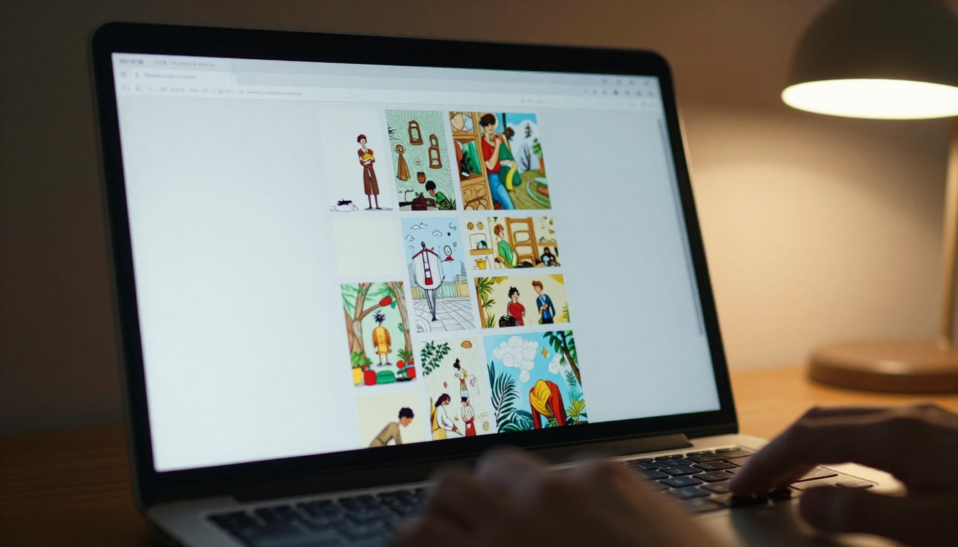Laptop screen showing flipbook viewer with blank white pages visible between colorful content pages
