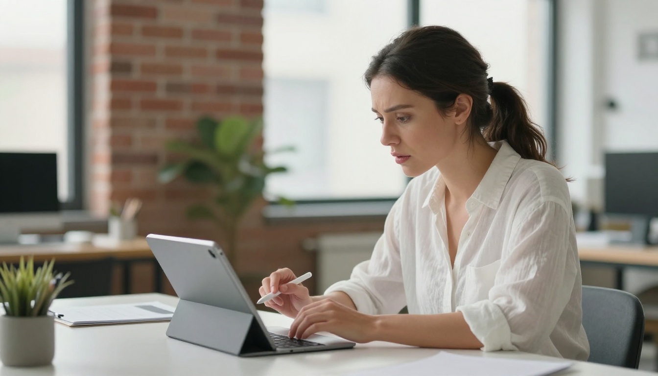Woman pointing at blank page on tablet showing digital catalog flipbook in creative studio