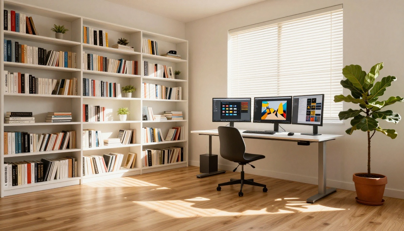 Wide minimalist home office with dual monitors showing design software and flipbook preview side by side Wide minimalist home office with dual monitors showing design software and flipbook preview side by side