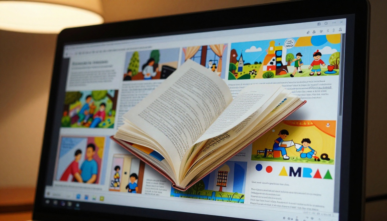 High-resolution monitor displaying a beautifully functioning digital flipbook with pages mid-turn animation High-resolution monitor displaying a beautifully functioning digital flipbook with pages mid-turn animation
