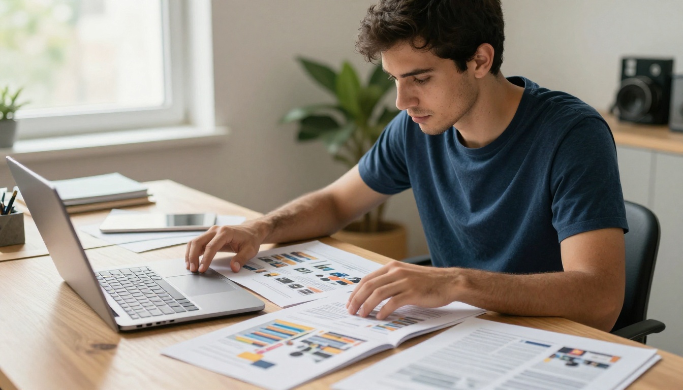Male designer reviewing printed flipbook proof pages at a sit-stand desk comparing them to a laptop screen Male designer reviewing printed flipbook proof pages at a sit-stand desk comparing them to a laptop screen