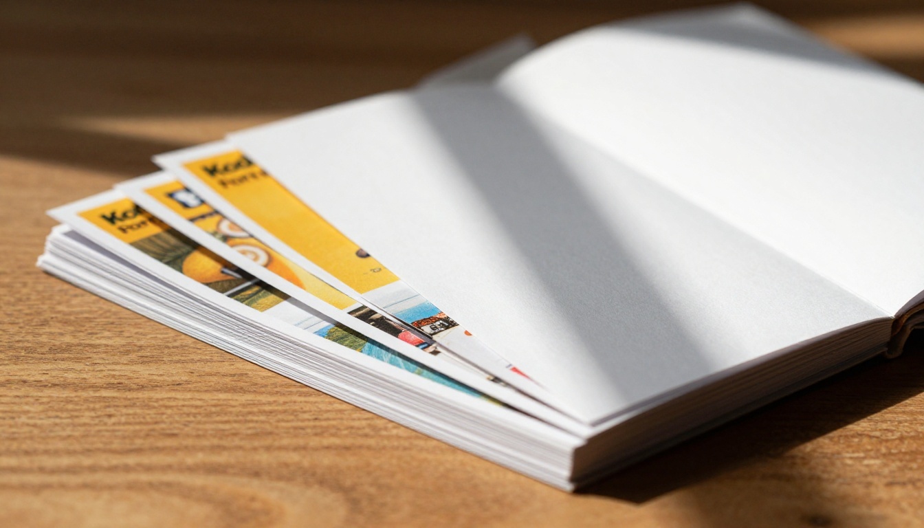 Physical printed flipbook lying open on wooden table with blank pages fanning out beside colorful content pages Physical printed flipbook lying open on wooden table with blank pages fanning out beside colorful content pages